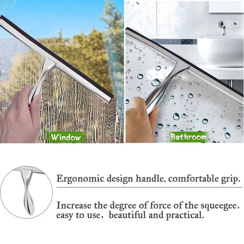 K Kwokker 12 Inch Squeegee for Shower, Shower Squeegee with Suction Cup Hooks, for Glass Door Marble Mirror Bathroom, Chrome Plated Stainless Steel Deluxe Car Window Home Kitchen Tile Scraper