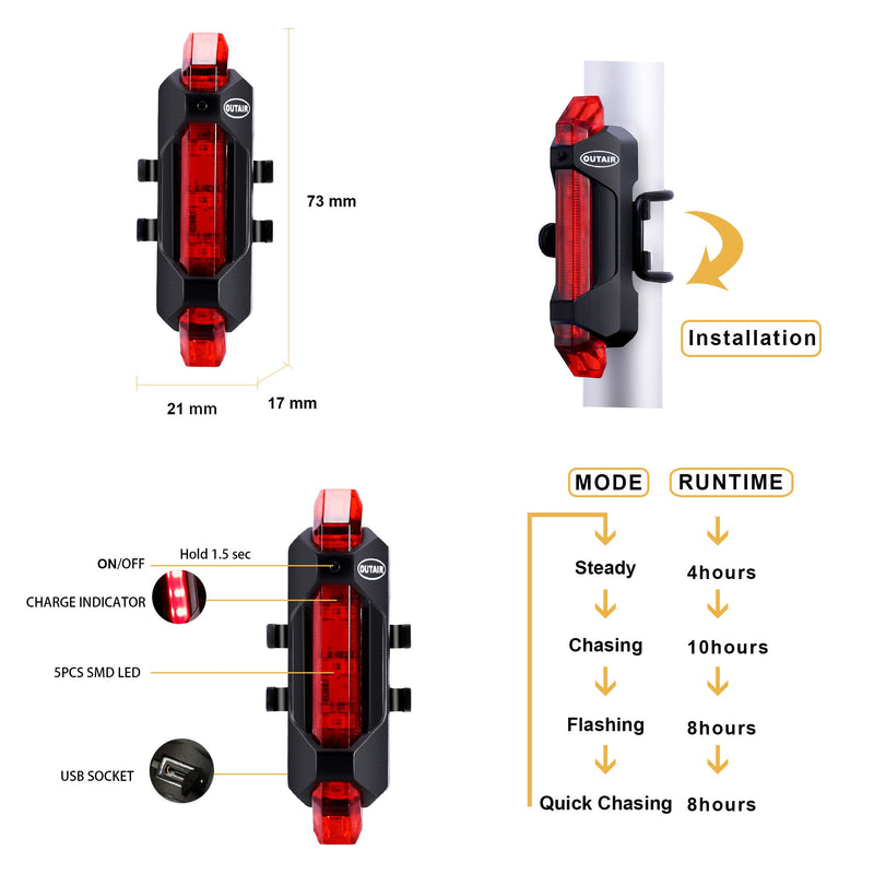 Outair USB Rechargeable Bike Light Front and Rear Bicycle Light Set Scooter Light 5 LEDs 4 Modes Head Back Cycling Flashing Safety Warning Lamp White&Red