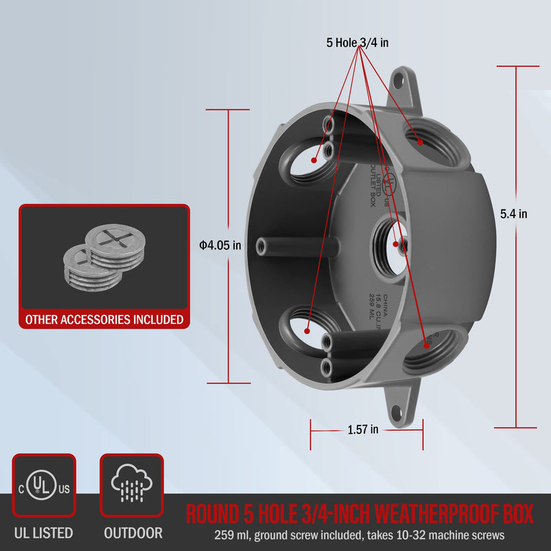 ENERLITES 4” Diameter Round Weatherproof Outlet Box with Five 3/4-in Threaded Outlets, Round Outdoor Electrical Box, 5 Holes 0.75” Each, 2-Gang, 5.4” Height x 4.05” Length x 1.57” Depth, EN4575 0.75 Inch