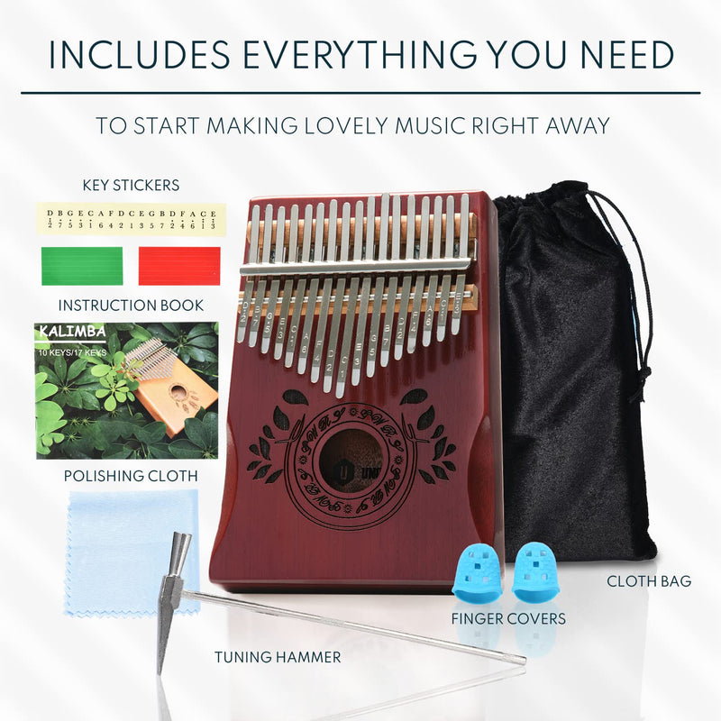 UNOKKI Mahogany Kalimba (Cherry, Glossy Finish) – Thumb Piano with Hand Rest & 17 Keys – Personal Musical Instrument for Kids & Adults, Beginners to Professionals – Includes Tuning Hammer & More Carrying Bag Cherry