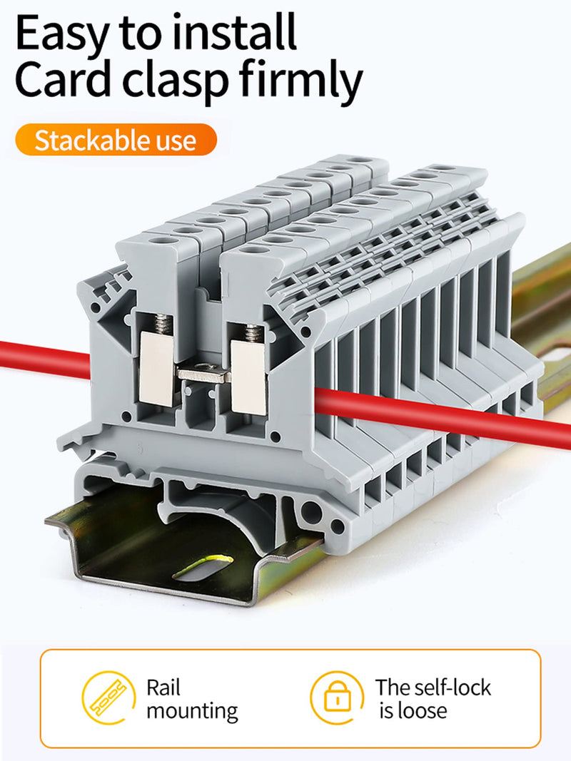 Erayco UK2.5N-GR DIN Rail Terminal Block, Screw Clamp, 600V 20A 24-12AWG, Pack of 100 Grey