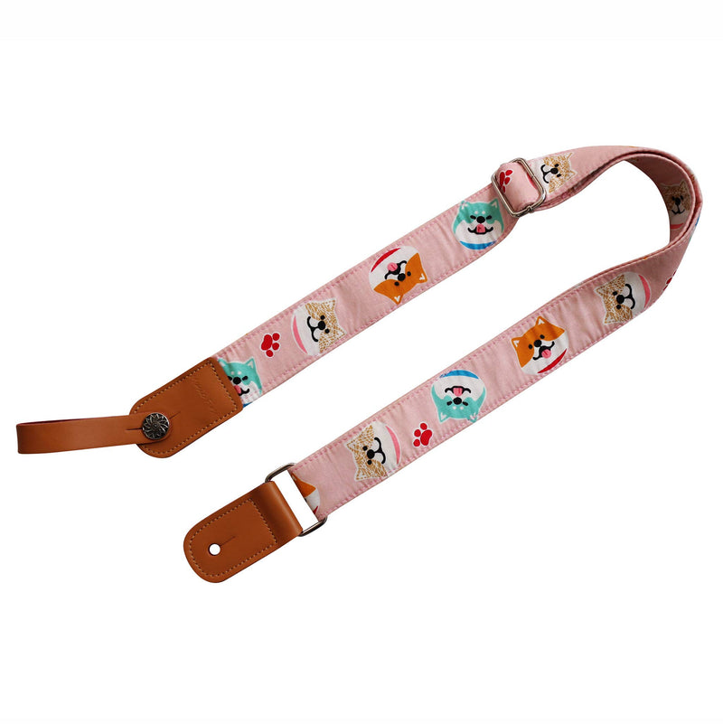 MUSIC FIRST Original Design “Pink Shiba Inu Dog” Soft Cotton & Genuine Leather Ukulele Strap Ukulele Shoulder Strap With a MUSIC FIRST Genuine Leather Strap Locker