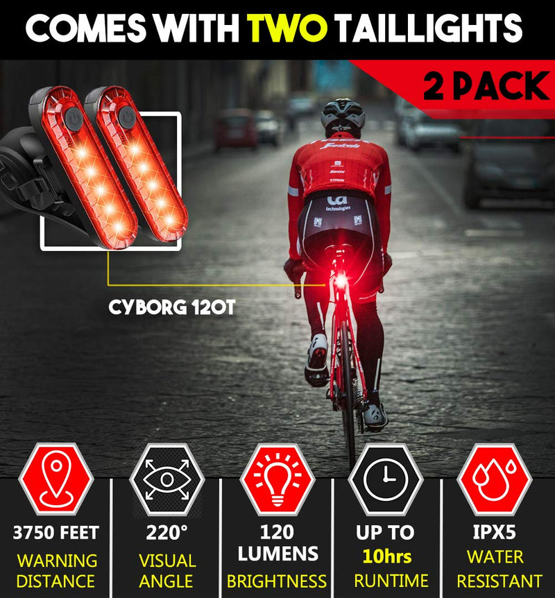 BLITZU Bike Tail Lights 2 Pack, Cyborg 120T Bright Red LED Bicycle Rear Light, USB Rechargeable, Waterproof Helmet Light, Cycling Flashlight Safety Reflectors Accessories, Fits Adult & Kids MTB Bikes