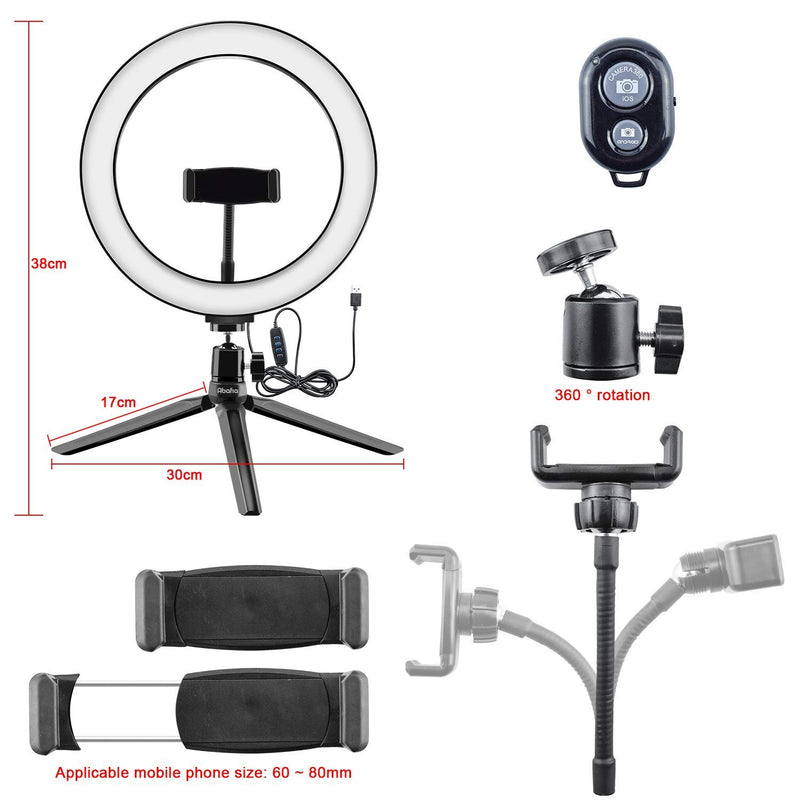 Abafia Mini Led Ring Light, Ring Light Tripod with Remote Control, 3 Color Mode and 10 Brightness Levels, Selfie Light 360 Degree Rotation for Live Streaming, Selfie, Video Shoot, Makeup （3.5-6.5''