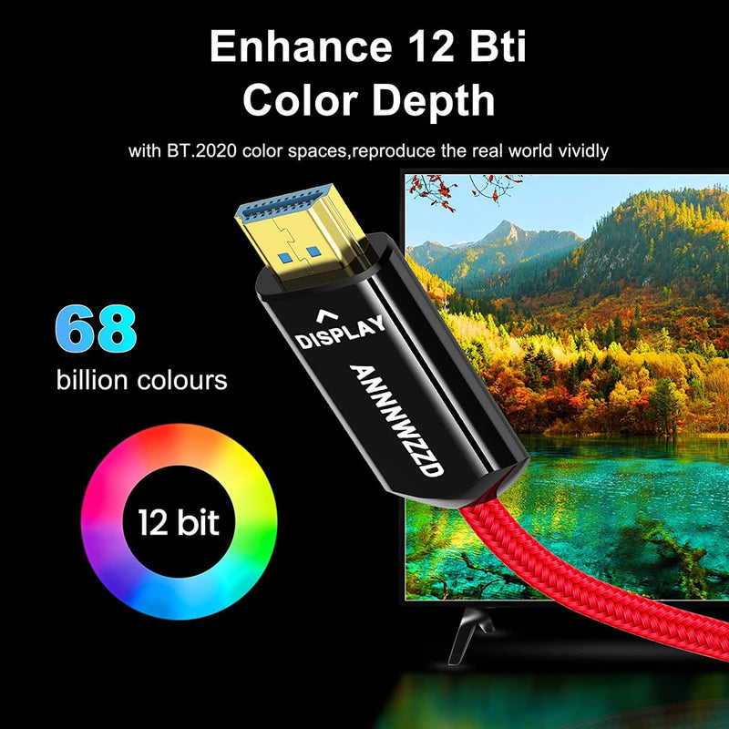 ANNNWZZD 8K HDMI Fiber Optic Cable,8K@60Hz Fiber HDMI 2.1 Braided Cord，Supports 8K@60Hz 4K@120Hz, 48Gbps Dynamic HDR 10, eARC, HDCP2.2, 4:4:4 （Red Braided) (15FT/5M) 15FT/5M