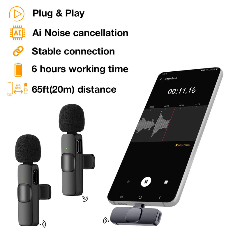 PowerDeWise Wireless Lavalier Microphone for Android Phones USB Type C, iPad MacBook, Noise Cancelling Cordless Microphones Plug&Play Mini Mic Lapel Microphone Clip On Wireless Mic for Android 2 Pack 2Mics Android USB C