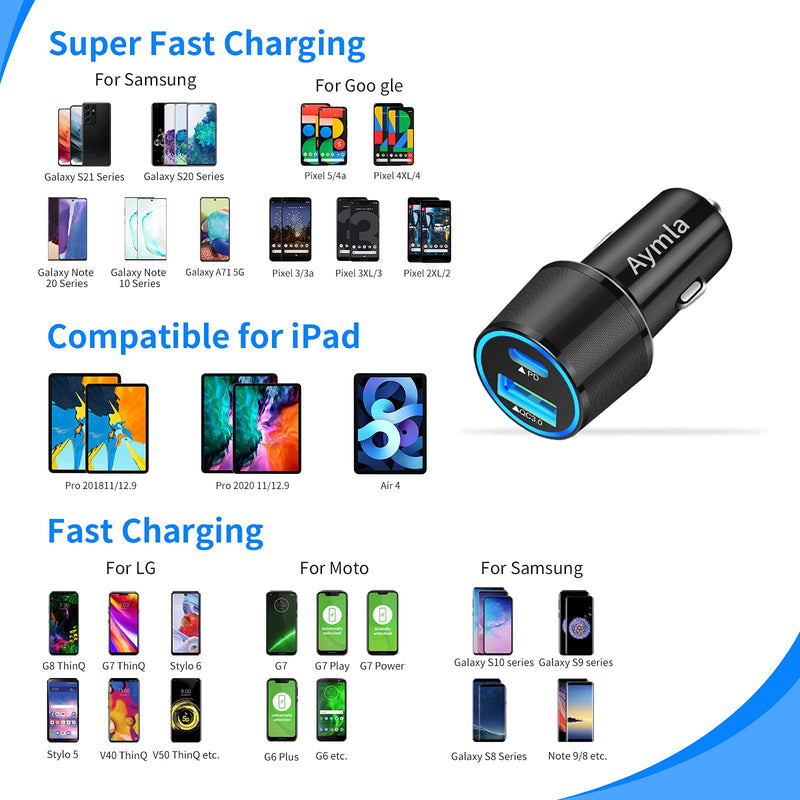 25W Super Fast USB C Car Charger, Aymla Compatible for Samsung Galaxy S21 Plus/Ultra/S20 FE/S10E/S10/S9/Note 20/10/9/8/iPad Pro/Air 4, Google Pixel 5/4a/3a Rapid Charging Car Charger Adapter–3FT Cord