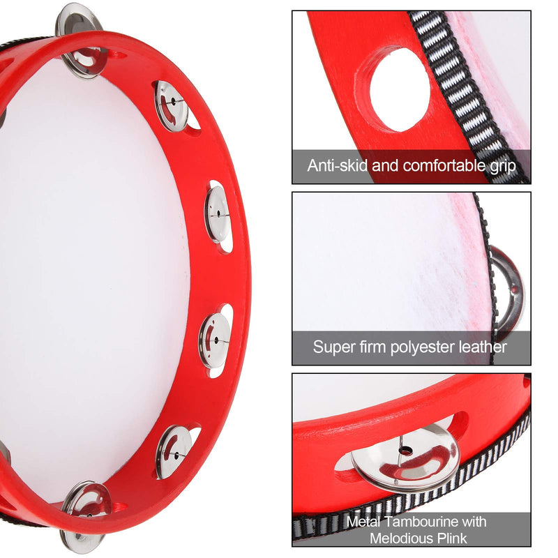 3 Pack Wooden Handheld Tambourine 10 inch/ 7 inch/ 6 inch Metal Jingles Hand Held Tambourine Percussion Single Row Instrument Handheld Drum for Church, Party, Musical Educational, Red Red Tambourine