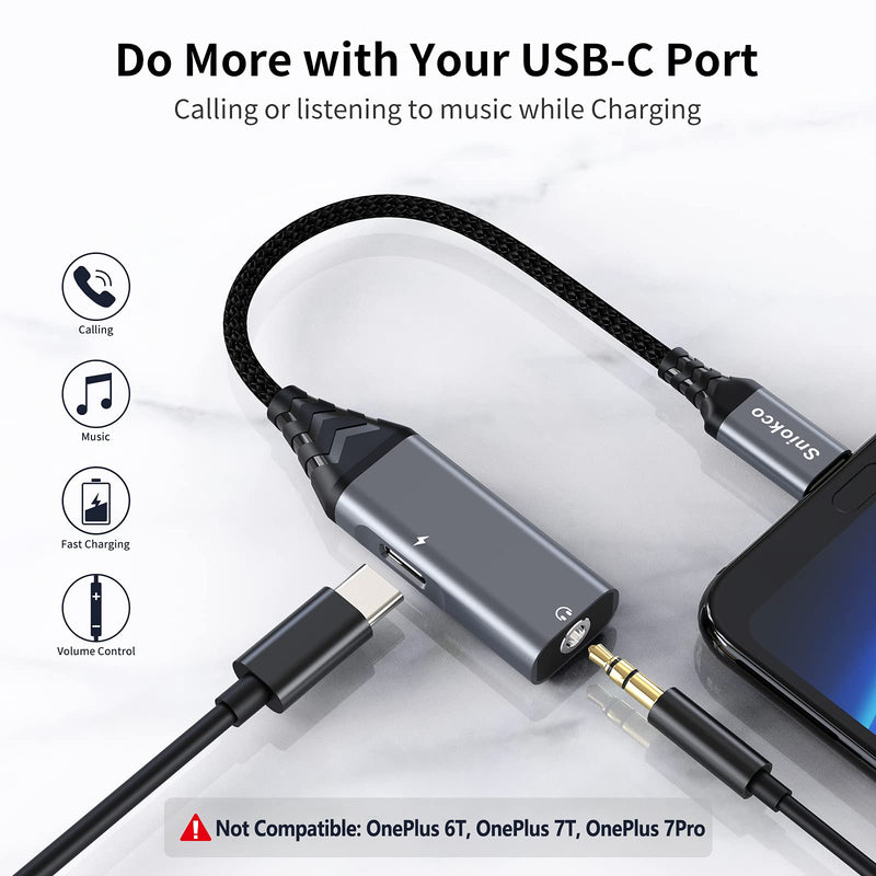 USB C to 3.5mm Headphone and Charger Adapter, Sniokco 2-in-1 Type C to 3.5mm Audio Adapter and 30W Fast Charging Converter for Stereo, Aux, Earphones, Compatible with Pixel, G,alaxy S20/S10, Pad Pro