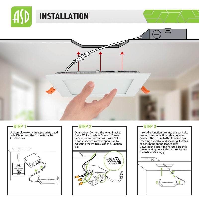 ASD 8 Inch Ultra-Thin LED Recessed Ceiling Light with J-Box, Dimmable Square Panel Downlight 18W 1350Lm, Color Temperature Selectable 3000K-4000K-5000K White Finish, IC Rated ETL Energy Star 1-Pack