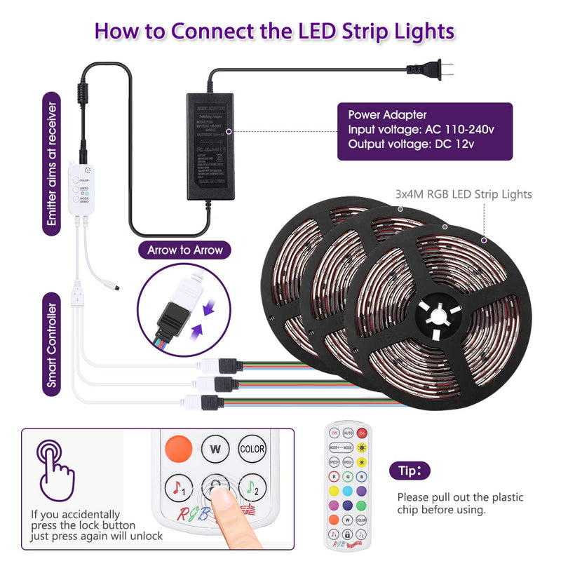 [AUSTRALIA] - AMBOTHER LED Strip Lights 39.4ft RGB LED Light Strips App IR Remote Controller Color Changing Music Sync Dimmable 5050 Flexible Wireless Tape Rope Lights for Bedroom Room Home Kitchen 