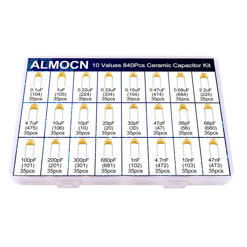 ALMOCN 24 Values 840 Pcs Ceramic Capacitor Assortment Kit,Capacitors Range 10pF to 10uF Multilayer Monolithic Ceramic Capacitor with Box 840PCS