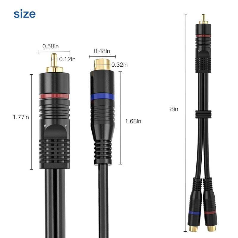 RCA Splitter, 2 Pack RCA Male to Dual RCA Female Y Splitter Cable Stereo to Mono Adapter, 8 Inches Gold Plated Audio Cable Cord for Subwoofer Speaker RCA Male to 2 Female