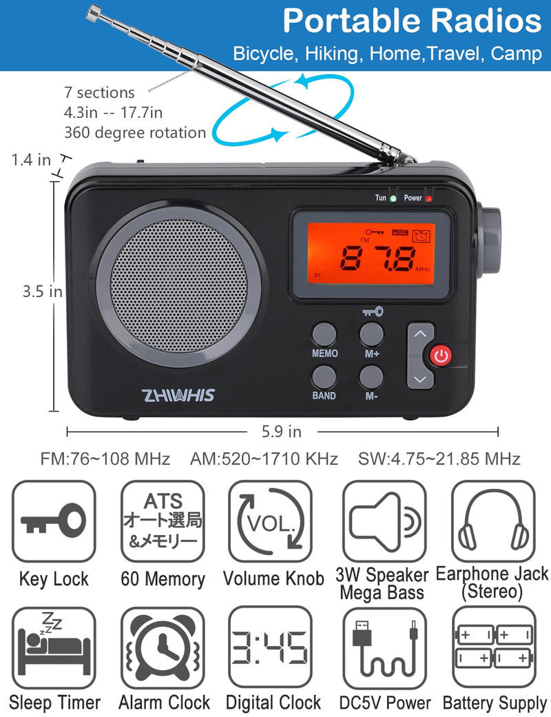 [AUSTRALIA] - ZHIWHIS Portable Radio, AM FM Shortwave Digital Tuner with Best Reception, Battery Operated Clock Radios with Sleep Timer and Preset Function, Stereo Receiver with Alarm Clock for Home ZWS-8801 Black 