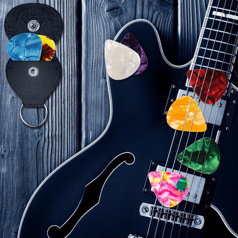 20 Packs Celluloid Guitar Picks with Holder Cases, SENHAI 10 Packs 0.96mm and 10 Packs 0.71mm Stylish Colorful Picks, with 2 PU Leather Protective Cases - Black, Red