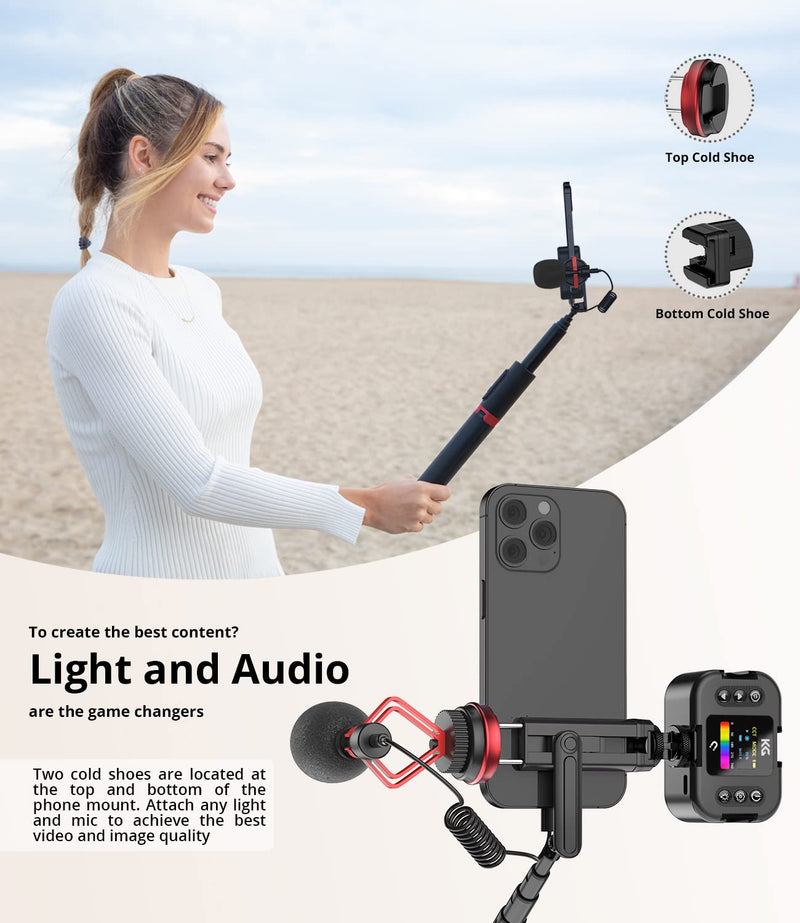[AUSTRALIA] - KraftGeek Tripod for Phone Selfie Stick Tripod with Remote for iPhone, Android Phones with 2 Cold Shoes for Light and Microphone(not Included), Extendable to 5 Feet, Made of Aluminum Black & Red 
