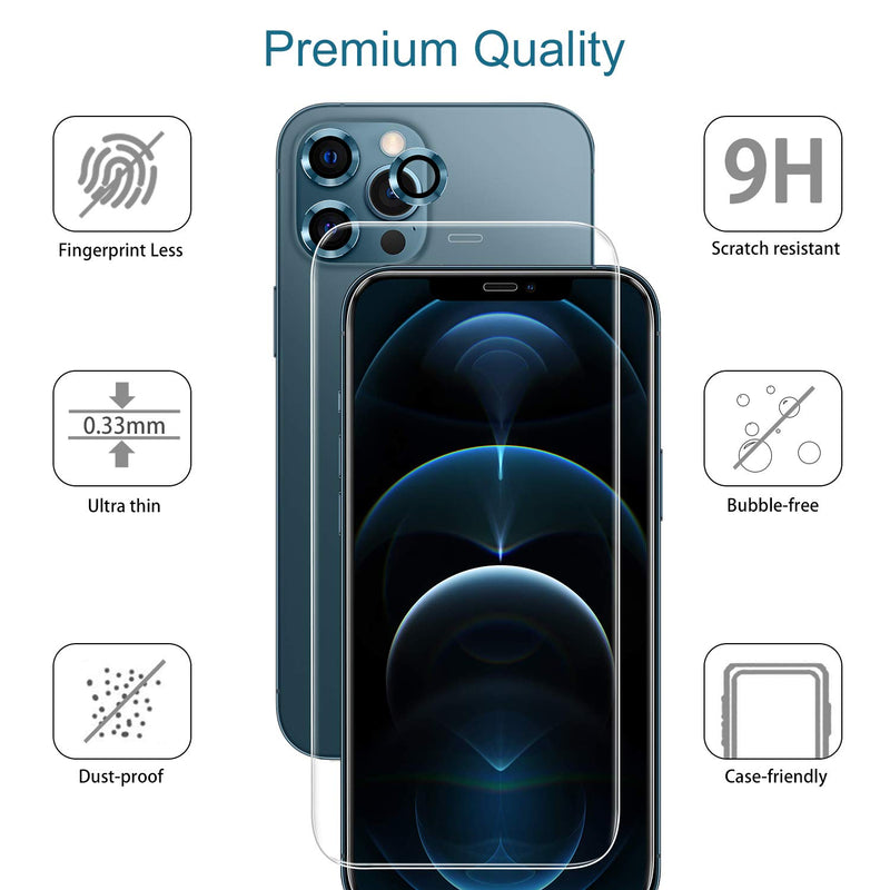 (5 Pack) Hoerrye 2 Pack Screen Protector for iPhone 12 Pro Max(6.7") with 3 Pack Camera Lens Protector[Tempered Glass Film][Bubble Free][Case Friendly][Anti-Fingerprint][Anti-Scratch]-Pacific Blue Pacific Blu
