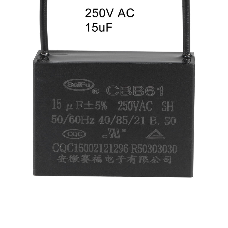 uxcell Ceiling Fan Capacitor CBB61 15uF 250V AC 2 Wires Metallized Polypropylene Film Capacitor 47x34x22mm for Electric Fan Pump Motor Generator 3Pcs