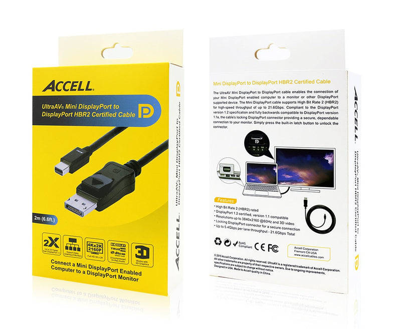 Accell B143B-007B Mdp to DP 1.2 - VESA-Certified Mini DisplayPort to DisplayPort 1.2 Cable - 6 Feet (Black), Hbr2, 4K UHD @60Hz, 1920X1080@240Hz Mini DisplayPort 1.2 -Retail Box 6.6ft