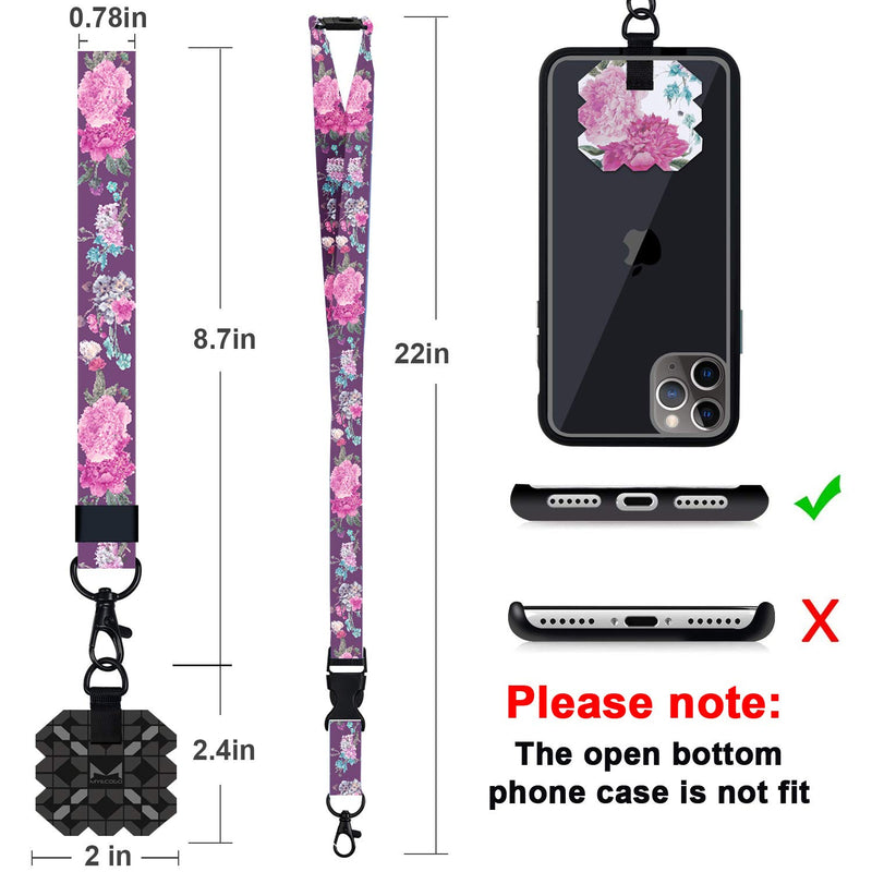 Phone Lanyard, MYECOGO Wrist Lanyard Tether Key Chain Holder and Adjustable Nylon Universal Cell Phone Neck Lanyard Strap for iPhone Phone Case Anchor Fit All Smartphones Keys ID ,Black Purple Flower