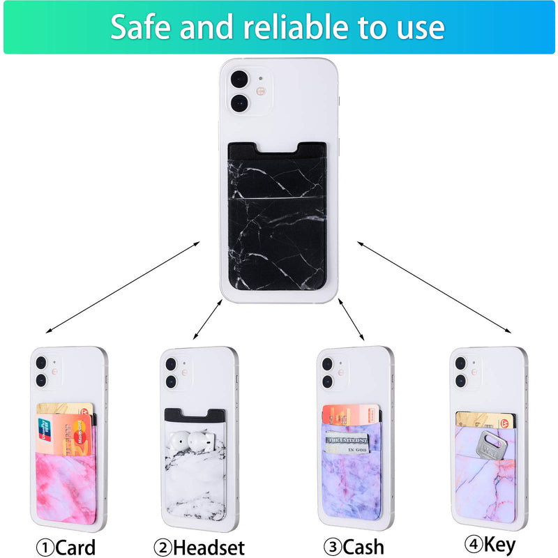 6 Pieces Phone Card Pocket Holder Stretchy Spandex Wallet Pocket Marble Pattern Double Pouch Credit Card ID Case Pouch Sleeve Adhesive Sticker Phone Wallet Pocket for Most Smartphones