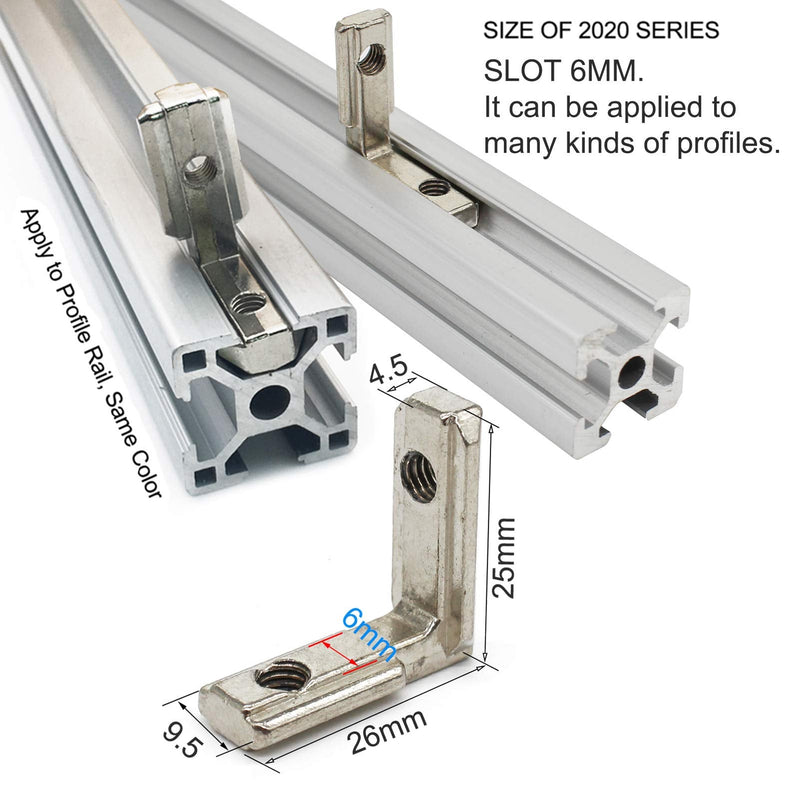 20pcs/lot Slivery 2020 Series L-Shape Interior Inside Corner Connector Joint Bracket with Screws for 20x20 Series Aluminum Extrusion Profile Slot 6mm