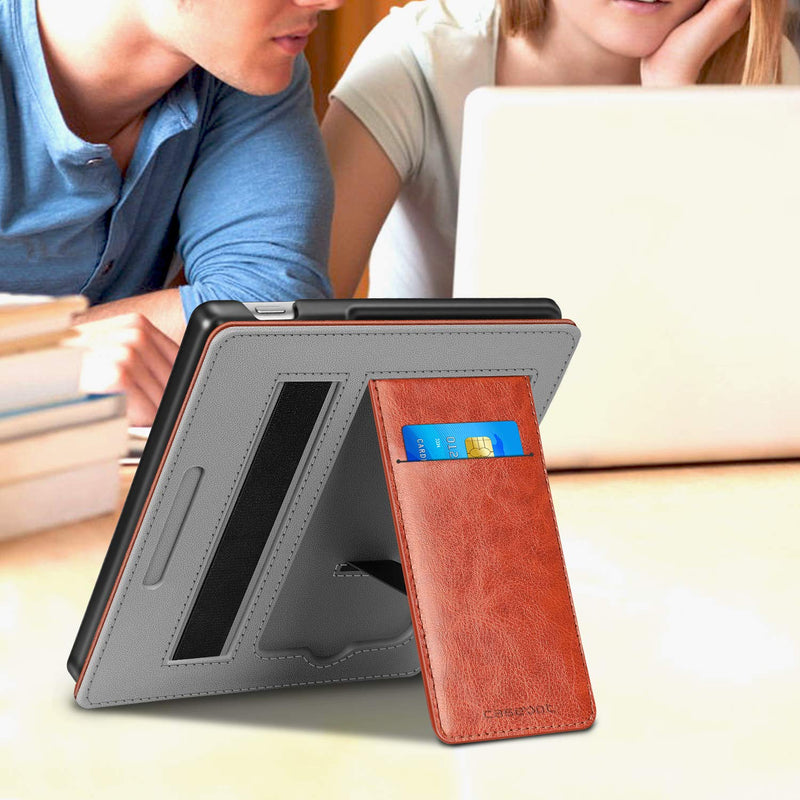 CaseBot Stand Case for All-New Kindle Oasis (10th Generation, 2019 Release and 9th Generation, 2017 Release) - Premium PU Leather Sleeve Cover with Card Slot and Hand Strap, Vintage Brown