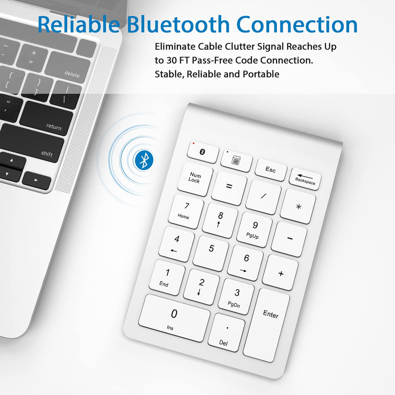 Foloda Bluetooth Wireless Number Pads: 22 Keys Wireless Financial Accounting Numeric Keypad, External 10 Key Numpad Numbers Keyboard for Laptop Computer Surface Pro Notebook Desktop Silver White