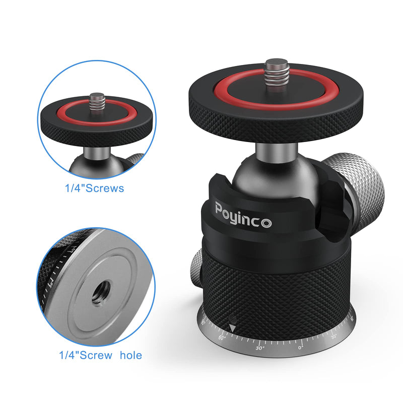 Poyinco Camera Tripod Mini Ball Head with 1/4" Hotshoe Mount Adapter 360 Degree Rotatable Aluminum Tripod Head for Monopod DSLR Cameras Phone Gopro Max Load 6.6lbs/3kg 2 U-shaped slots