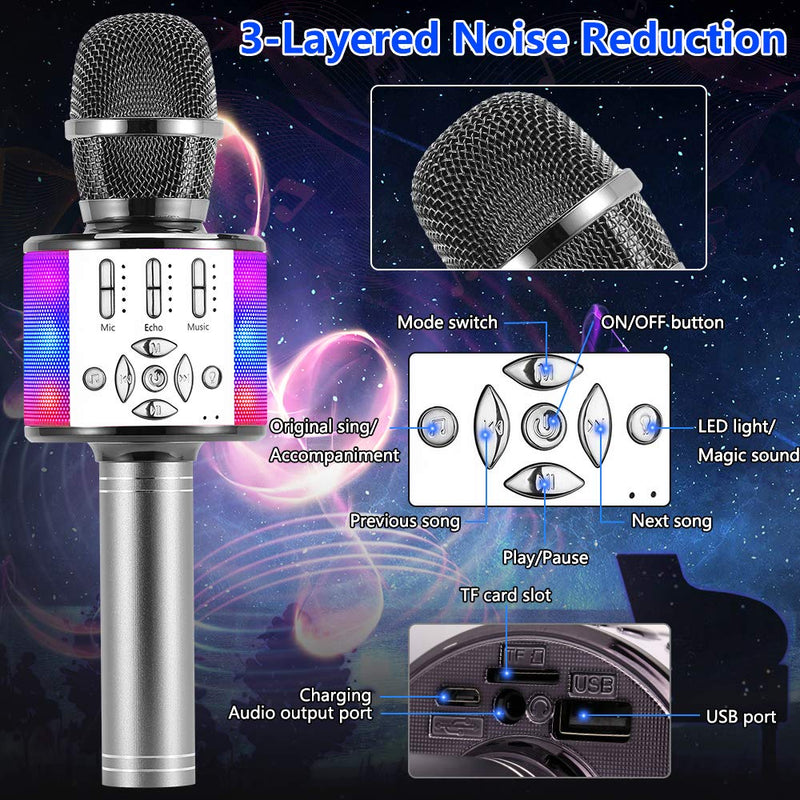 Amazmic Kids Karaoke Microphone Machine Toy Bluetooth Microphone Portable Wireless Karaoke Machine Handheld with LED Lights, Gift for Children Adults Birthday Party, Home KTV(Gray) Gray