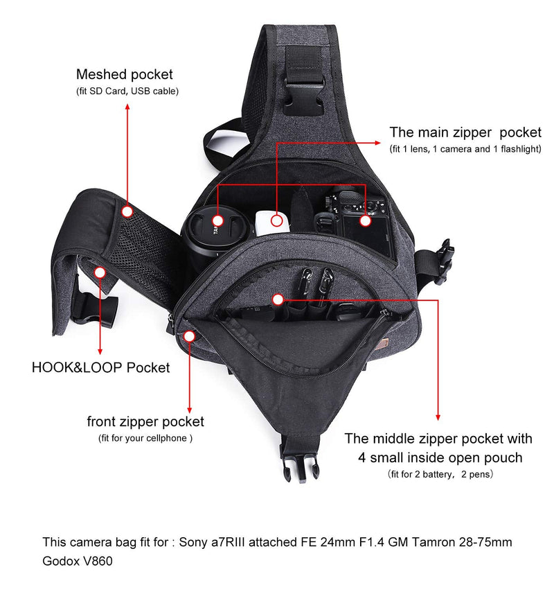 [AUSTRALIA] - S-ZONE Canvas Camera Sling Bag DSLR Lens Anti-theft Backpack Shoulder Crossbody Case with Tripod Holder Dark Gray 