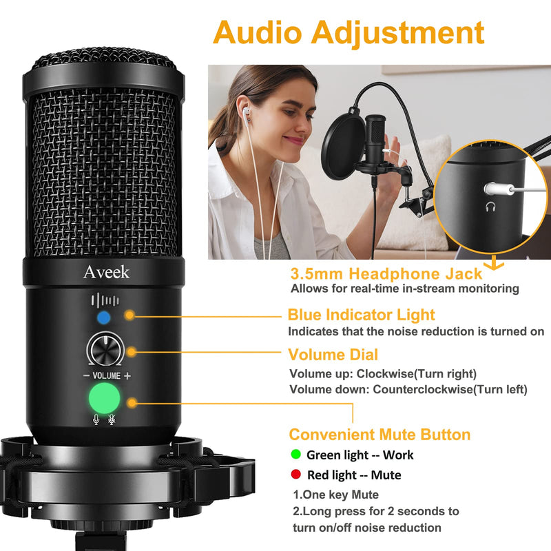 USB Microphone Kit 192KHZ/24BIT, Aveek Podcast PC Microphone with Mute, Headset Monitoring & Noise Cancelling, Cardioid Condenser Mic with Boom Arm for Computer and Phone, YouTube, Gaming, Recording