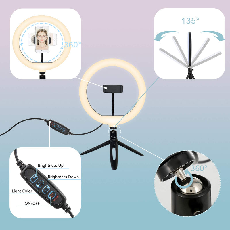 Fustarky 10 INCH Selfie Ring Light Tripod with Phone Holder 3 Colour Modes for Live Streaming/Make up/Outdoor Activities/Journey