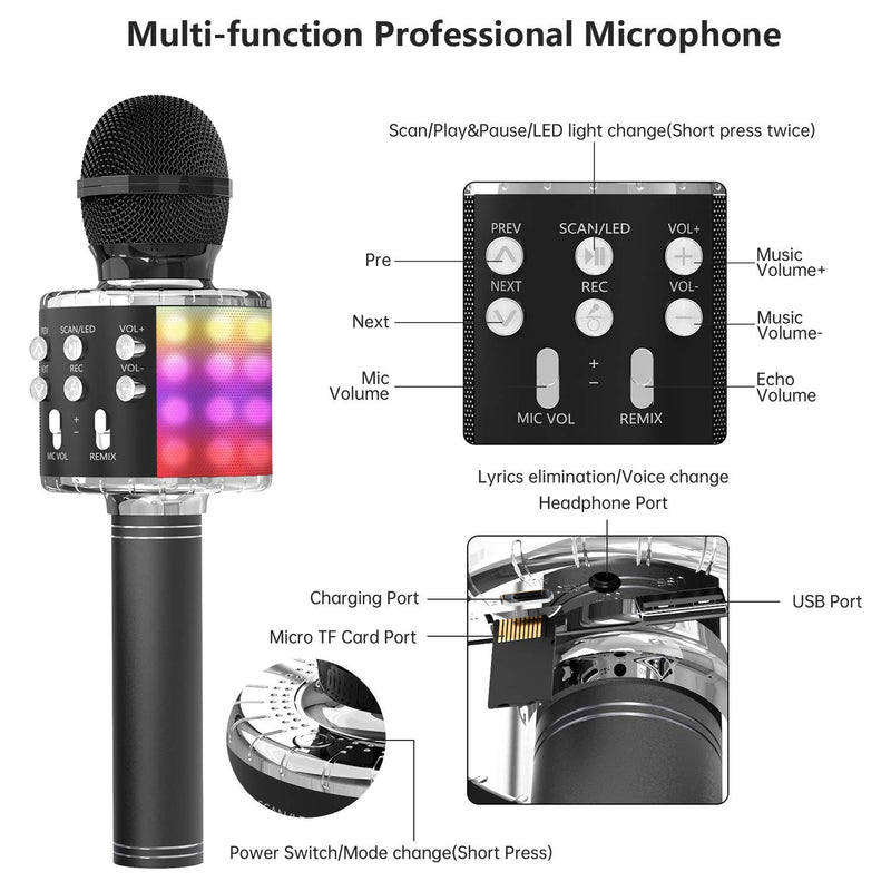 OVELLIC Karaoke Microphone for Kids, Wireless Bluetooth Karaoke Microphone with LED Lights, Portable Handheld Mic Speaker Machine, Great Gifts Toys for Girls Boys Adults All Age (Black) Black