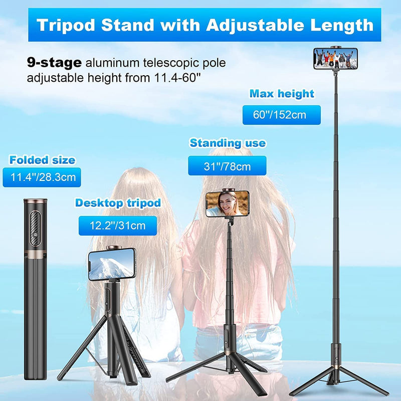 TONEOF 60" Cell Phone Selfie Stick Tripod,Smartphone Tripod Stand All-in-1 with Integrated Wireless Remote,Portable,Lightweight,Extendable Phone Tripod for 4''-7'' iPhone and Android (Black) Black