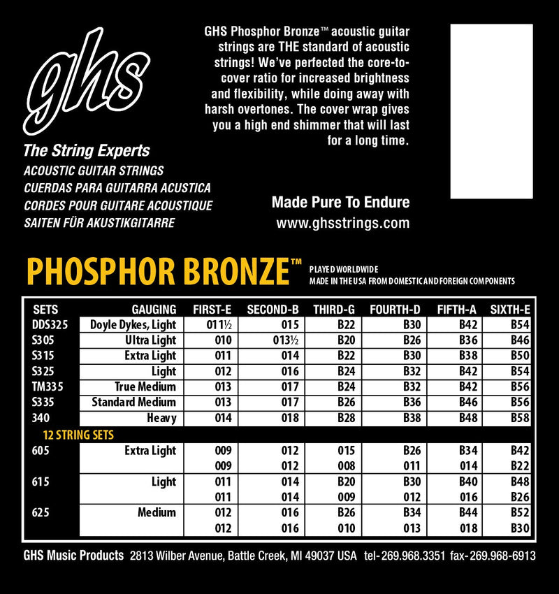 GHS Strings S325 Phosphor Bronze Acoustic Guitar Strings, Light (.012-.054) Single Set