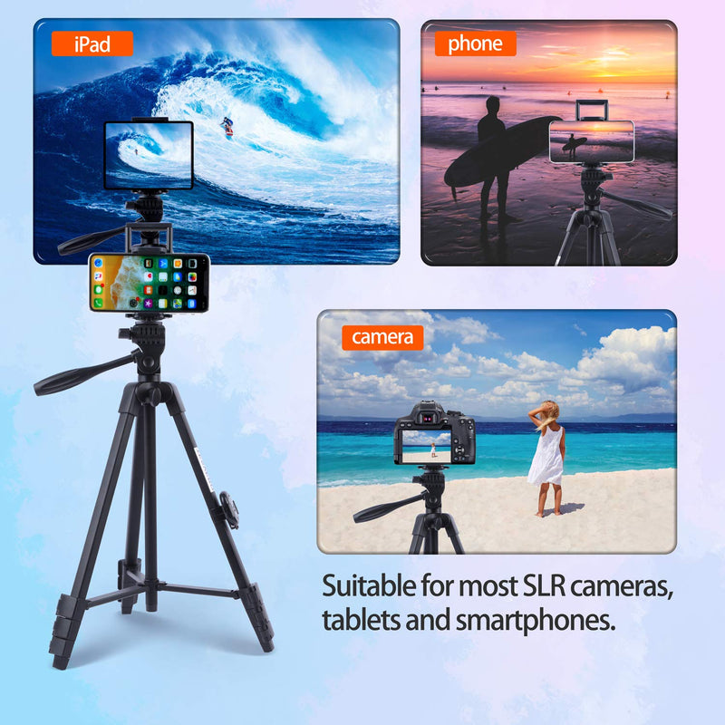 Tripod for iPad iPhone Camera, TESVERO 55" Lightweight Camera Tripod + Wireless Remote + Remote Holder + 2 in 1 Mount Holder for Smartphone (Width 2.2-3.3"), Tablet (Width 4.3-7.3")