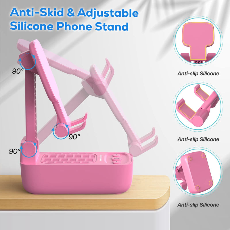 comiso Cell Phone Stand with Wireless Bluetooth Speaker, Punchy Bass & HD Stereo Sound Speaker for Home & Outdoors Compatible with iPhone/ipad/Samsung, Unique Ideal Gifts for Men Women-Pink Pink
