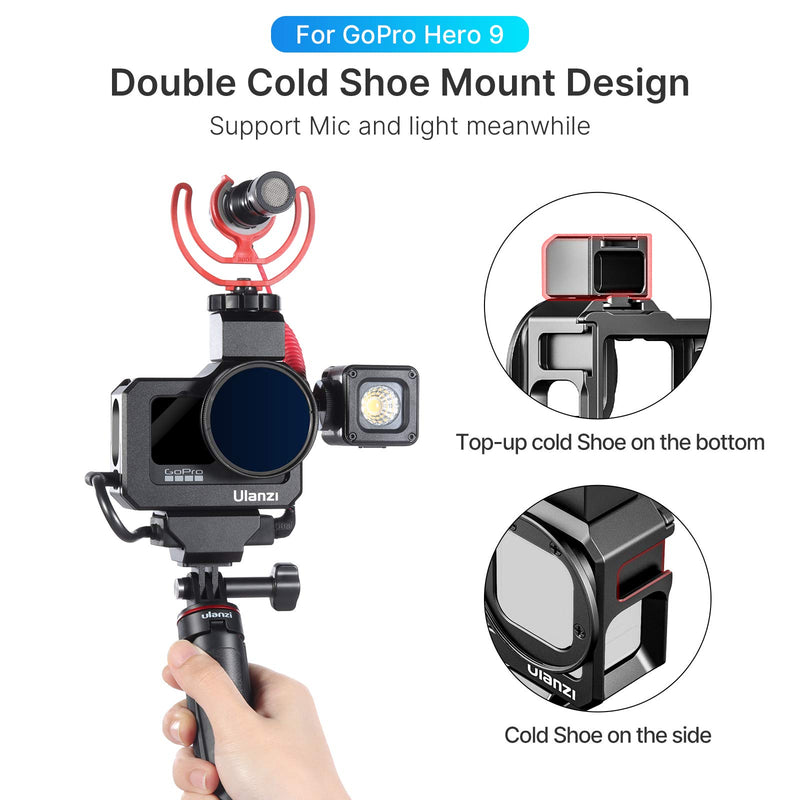 ULANZI G9-5 Housing Case for Gopro Hero 9, Aluminum Video Cage with 2 Cold Shoe Mount for Mic and Led Light, Protective Frame with 52mm Filter Adapter, Lens Cap, Compatible with Tripod Selfie Stick
