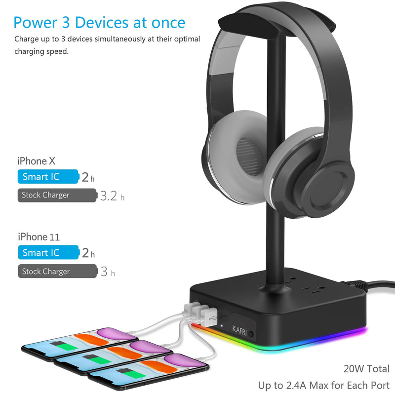 KAFRI RGB Headphone Stand with USB Charger Desk Gaming Headset Holder Hanger Rack with 3 USB Charging Port and 2 Outlet - Suitable for Gamer Desktop Table Game Earphone Accessories Boyfriend Gift