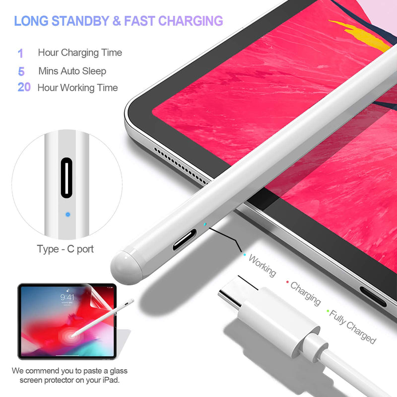 Stylus Pen for iPad,Active Stylus Compatible with Apple iPad (10.2-Inch) iPad Pro (11/12.9 Inch) iPad (6th Gen) Air (3rd Gen) Mini (5th Gen),High Precise Rechargeable White Digital Pencil (B)