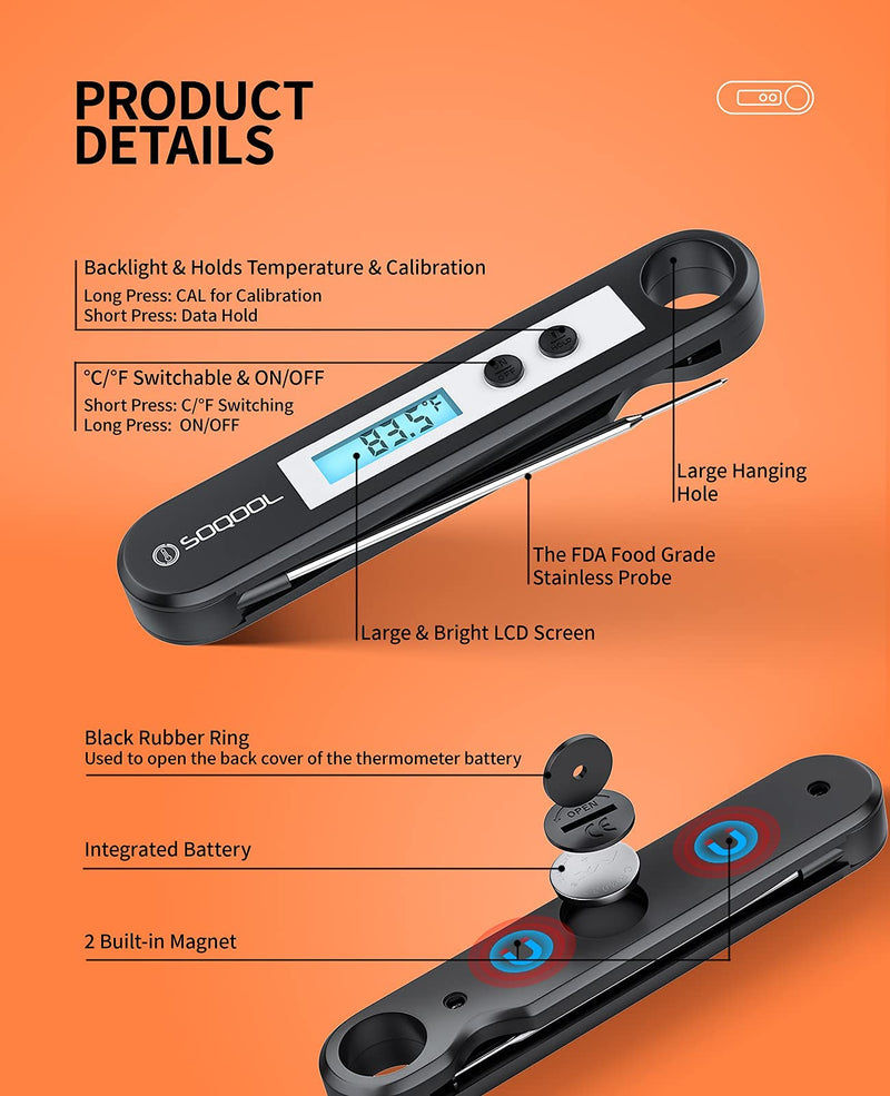 Meat Thermometer[Upgraded 2021], Candy and Food Thermometer for Cooking, SOQOOL Digital Instant Read Meat Thermometer for Kitchen Oil Deep Fry BBQ Grill, Folding Probe Backlight & Calibration Function