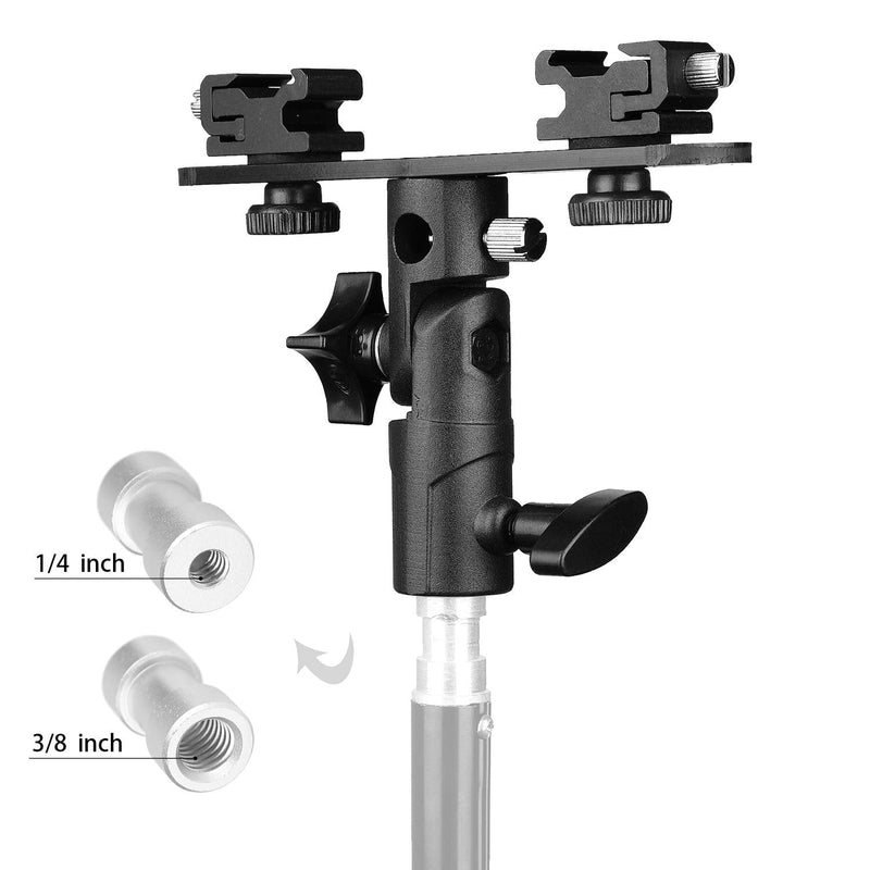 ChromLives Dual Flash Bracket Hot Shoe Speedlight Stand Umbrella Holder Light Stand Bracket Mount 1/4'' to 3/8'' Compatible with Studio Video DSLR Camera Canon Nikon Yongnuo Black