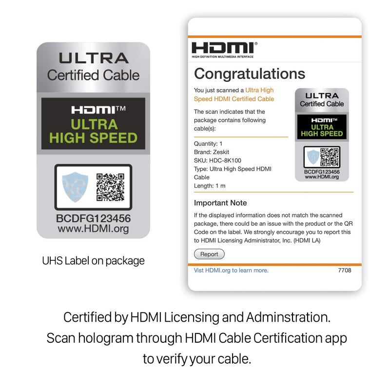 Zeskit Maya 8K 48Gbps Certified Ultra High Speed HDMI Cable 5ft, 4K120 8K60 144Hz eARC HDR HDCP 2.2 2.3 Compatible with Dolby Vision Apple TV 4K Roku Sony LG Samsung Xbox Series X RTX 3080 PS4 PS5 1.5m/5ft