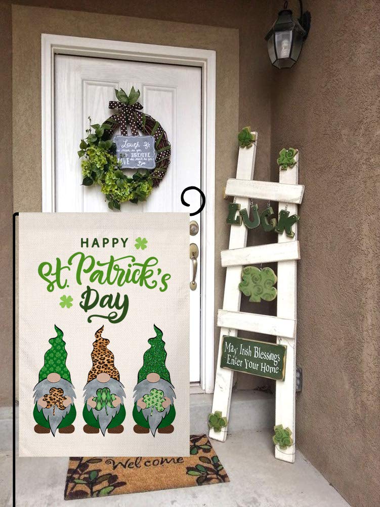 St. Patricks Day Gnomes Garden Flag Vertical Double Sided Burlap Yard Spring Shamrock Outdoor Decor 12.5 x 18 Inches 12.5x18 green