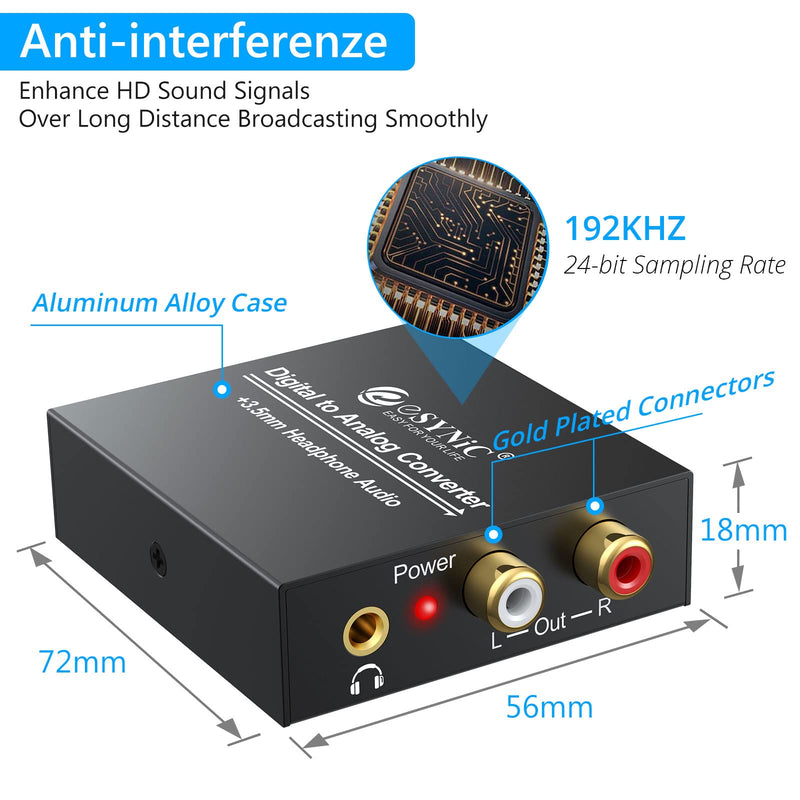 eSynic 192KHz DAC Digital to Analog Audio Converter Digital Optical SPDIF Coaxial to Analog L/R RCA Converter Toslink to 3.5mm Jack Audio Adapter with 1m Optical Cable for HDTV Blu Ray HD DVD TV