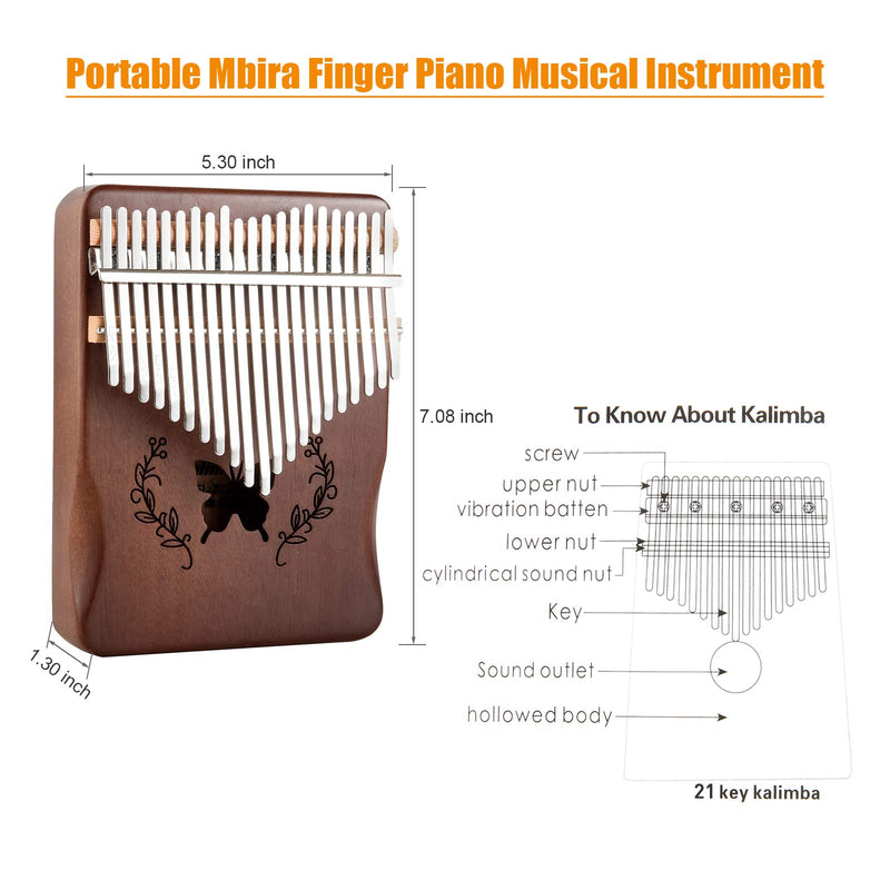 Kalimba Thumb Piano 21 Keys, Solid Wood Thumb Piano Mahogany Portable Finger Piano with Learning Instruction and Tune Hammer, Musical Instrument for Kids Adult Beginners