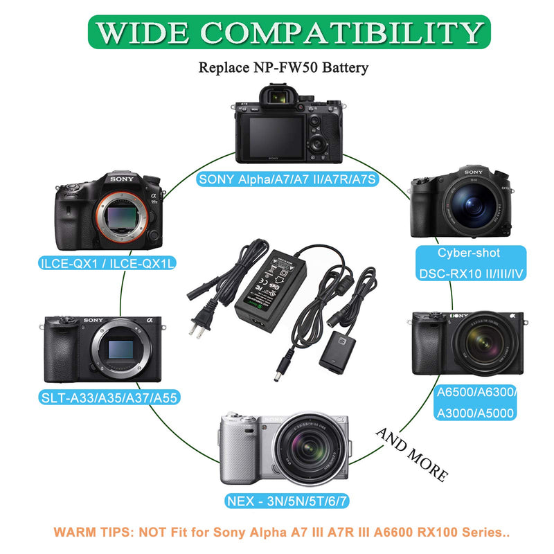 [AUSTRALIA] - Gonine AC-PW20 Power Supply AC Adapter NP-FW50 Dummy Battery DC Coupler Set, for Sony Alpha A6500, A6400, A6300, A7, A7II, A7RII, A7SII, A7S, A7S2, A7R, A7R2, A55, A5100, RX10 Cameras. 