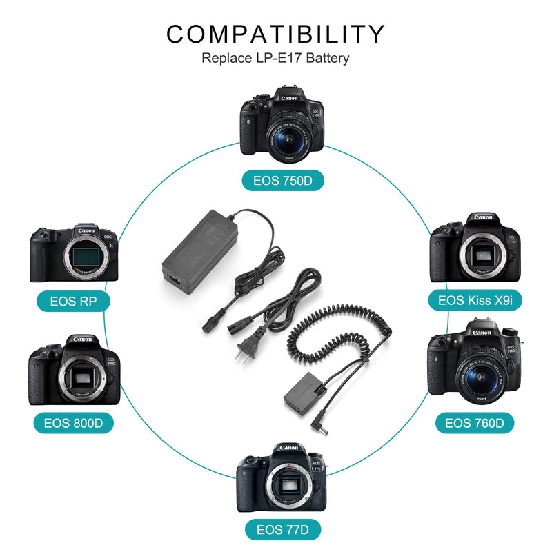 Newmowa LP-E17 Replacement Dummy Battery AC Power Supply Adapter and DC Coupler Charger Kit for Canon EOS 77D, 200D, 750D, 760D, 800D, 850D, M3, M5, M6, RP Camera