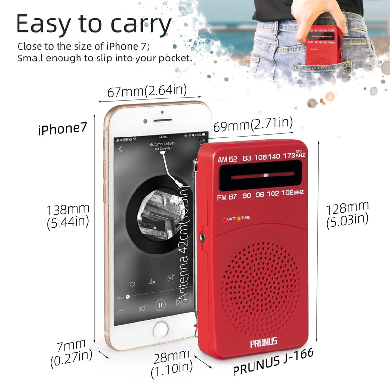 PRUNUS J-166 Small Transistor Radio AM FM, Battery Operated Radio with Tuning Light, Back Clip, Excellent Reception for Indoor & Outdoor & Emergency Radio, Small Radio, Portable Radio Red